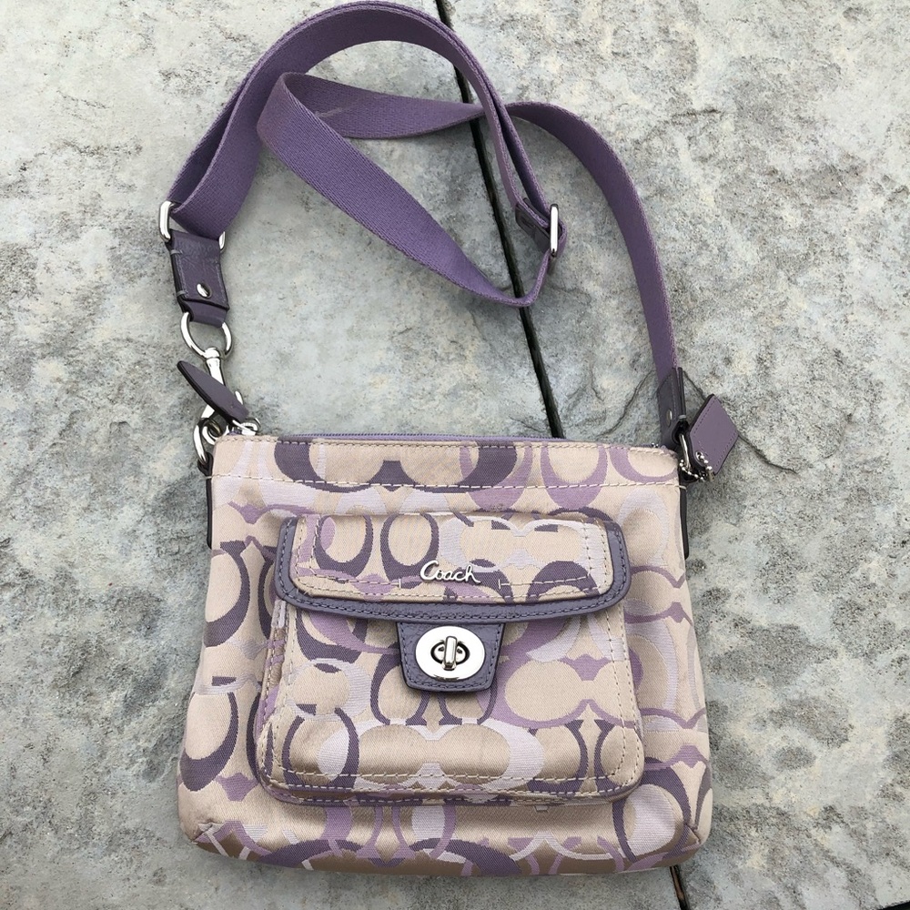 Purple and tan coach crossbody purse